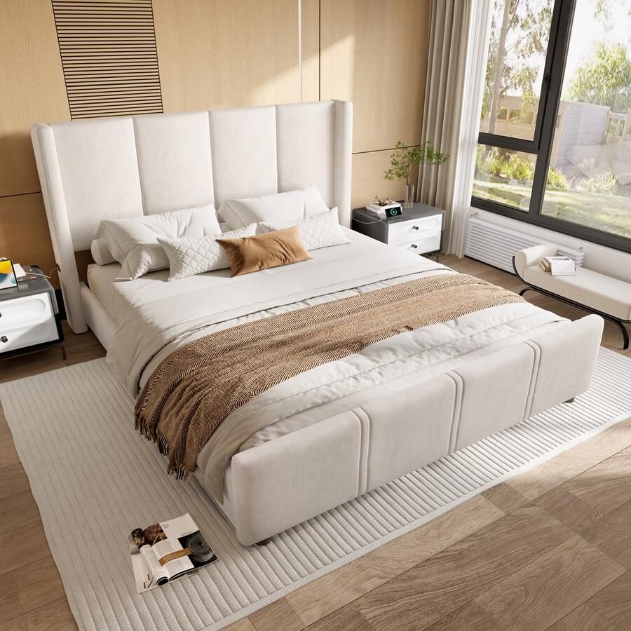 Sweiko Gewatteerd bed 140 x 190 cm USB Type C-poort IJzeren frame Beige