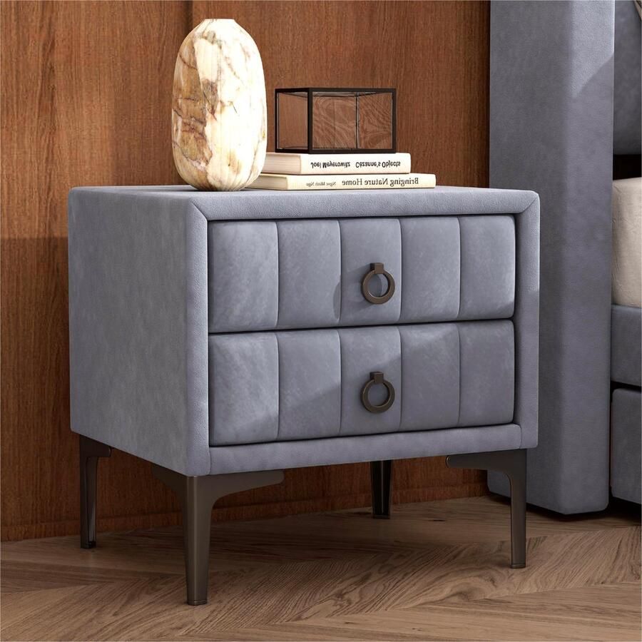 Sweiko Gewatteerd Nachtkastje met 2-laden met stille glijders met verticale strepen metalen poten opbergruimte in woon- en slaapkamer fluweel MDF grijs