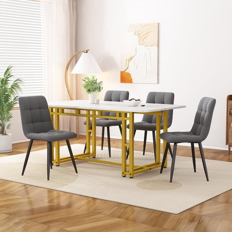 Sweiko Gouden Eettafel met 4 Stoelen Set Moderne Keuken Eettafel Set Donkergrijs Fluweel Eetstoelen Gouden IJzeren Been Tafel 120x70cm