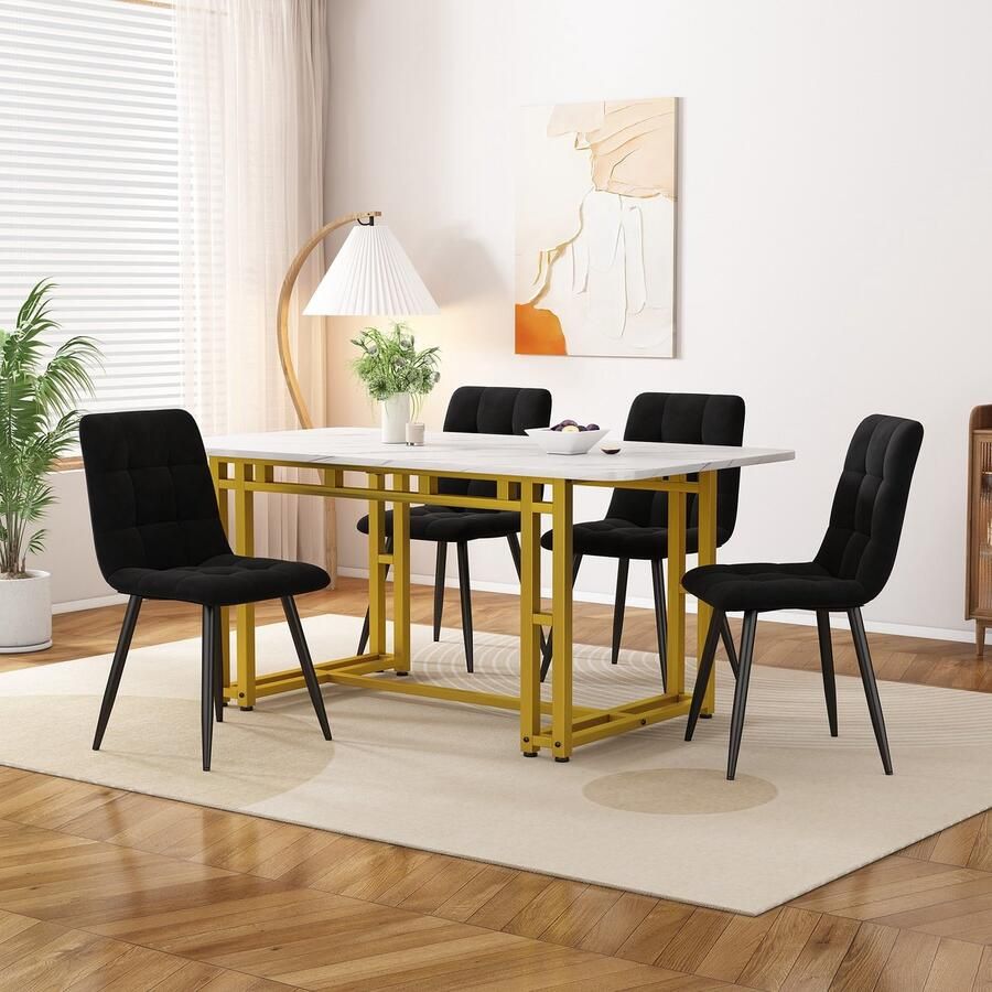 Sweiko Gouden eettafel met 4-stoelen set moderne keuken eettafel set zwart fluweel eetstoelen gouden ijzeren been tafel 120x70cm