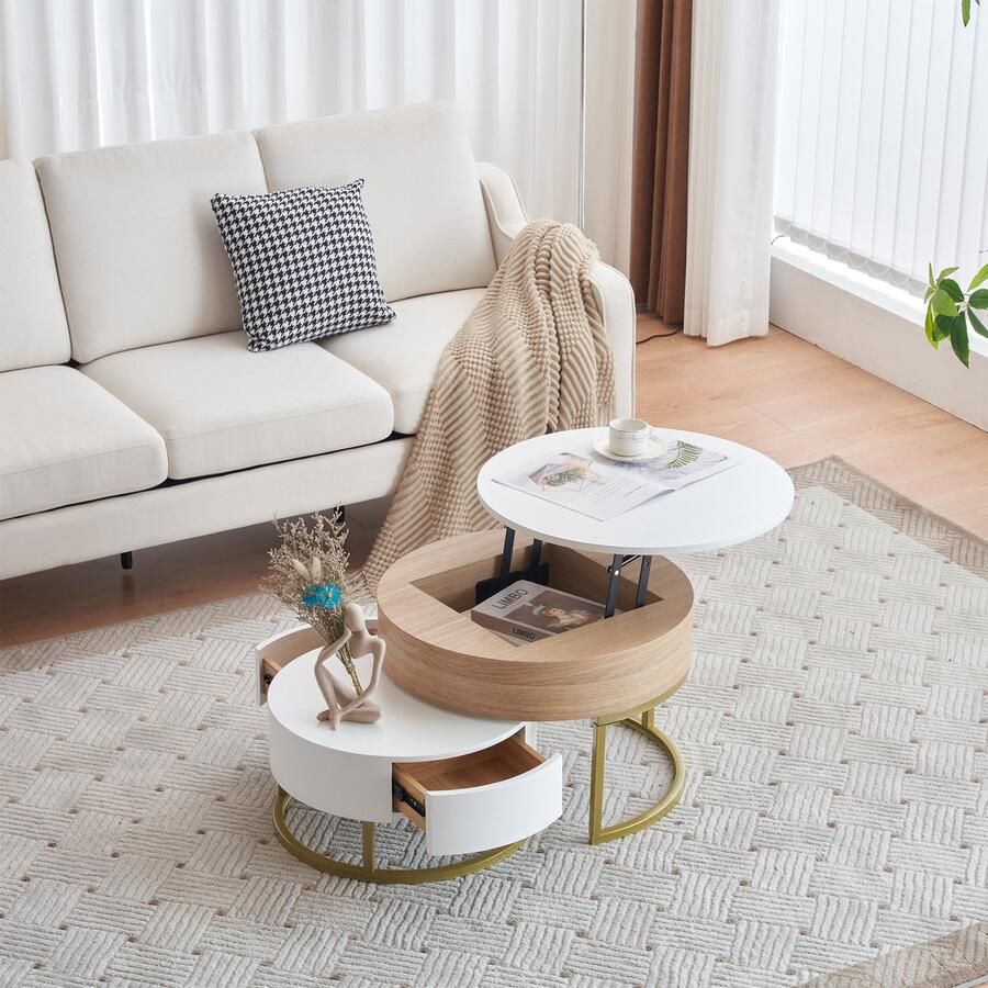 Sweiko Gouden salontafel Opvouwbare salontafel combinatie Genest ontwerp woonkamer bijzettafel met twee lades. Twee stuks set