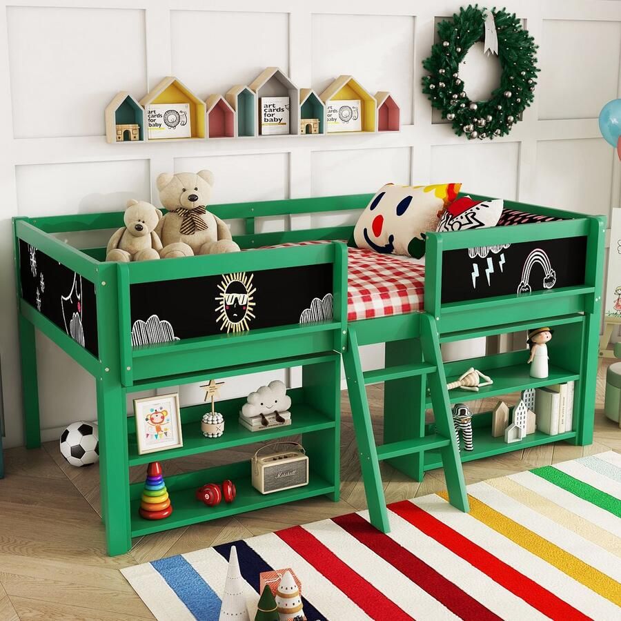 Sweiko Halfhoog kinderbed 90*200 cm graffitiplank en opbergplanken grenen geen matras groen