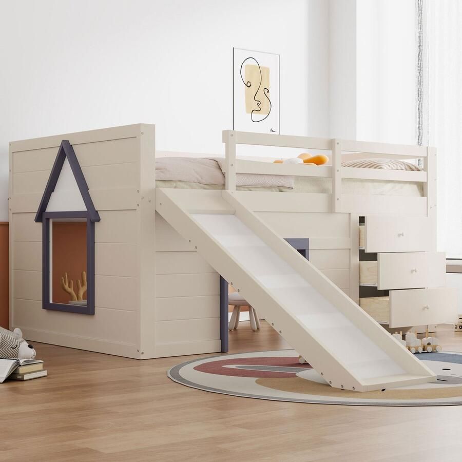 Sweiko Halfhoogslaper 140 x 200 cm met Glijbaan 3 lades Crèmewit