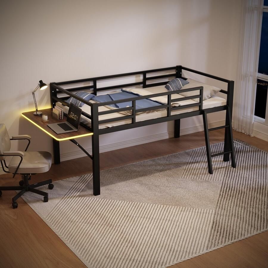 Sweiko Halfhoogslaper 90 x 200 cm bureau LED-lichtlijst zonder matras zwart