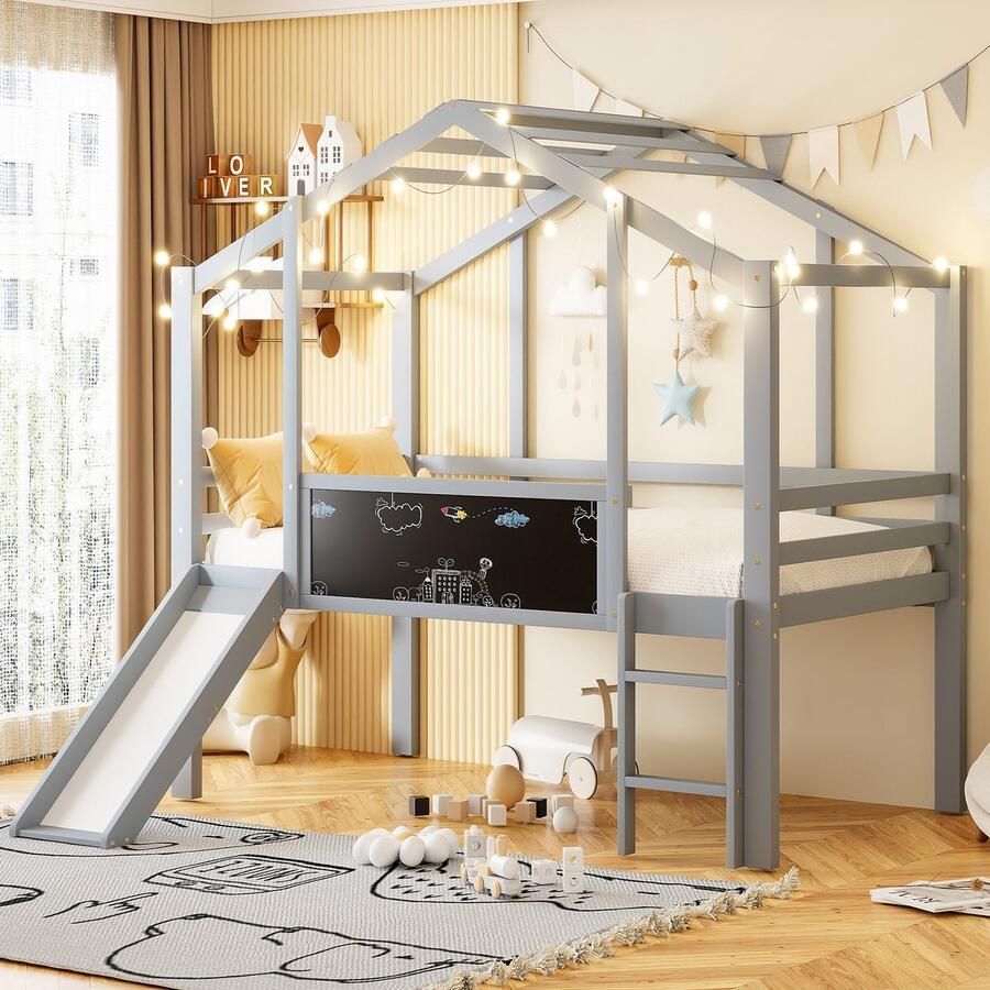 Sweiko Halfhoogslaper 90 x 200 cm Kinderbed Met glijbaan Graffitibord Grijs