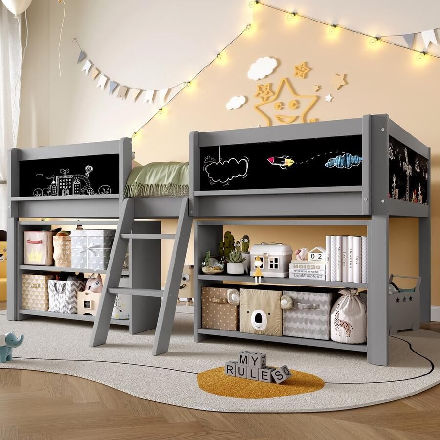 Sweiko Halfhoogslaper 90 x 200 cm Opbergplank Graffitibord Kinderbed Grijs