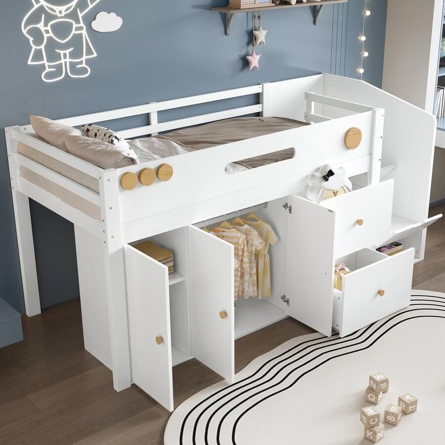 Sweiko Halfhoogslaper 90x200cm Kinderbed 2 lades Kledingkast Grenenhout + MDF Wit