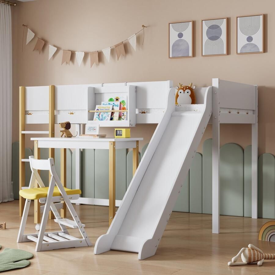 Sweiko Halfhoogslaper met 3 Niveaus Rechte Ladder Kinderbed Jeugdbed met Glijbaan en Tafel met Afneembare plank Denne+MDF Wit+nature 90x200cm(Zonder stoelen)