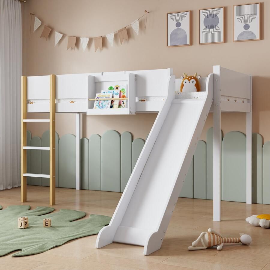 Sweiko Halfhoogslaper met 3 Niveaus Rechte Ladder Kinderbed Jeugdbed met Glijbaan met Afneembare plank Denne+MDF Wit+nature 90x200cm