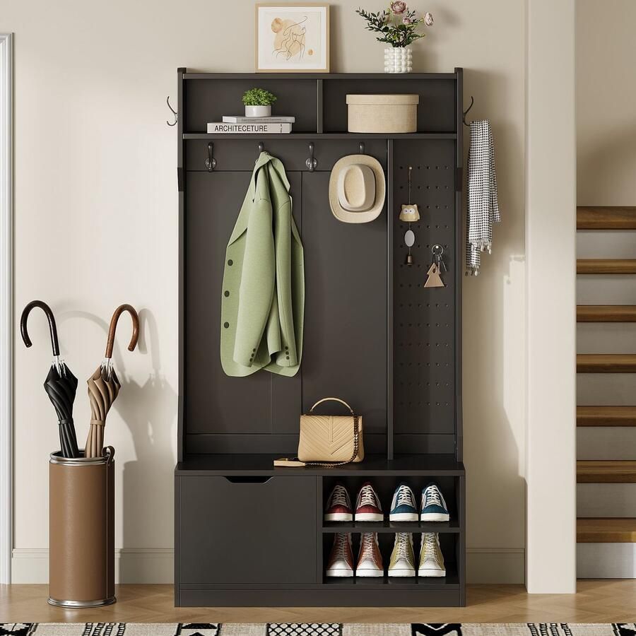 Sweiko Halmeubel Kapstokset Met bankje 6 haken Open opbergruimte Zwart