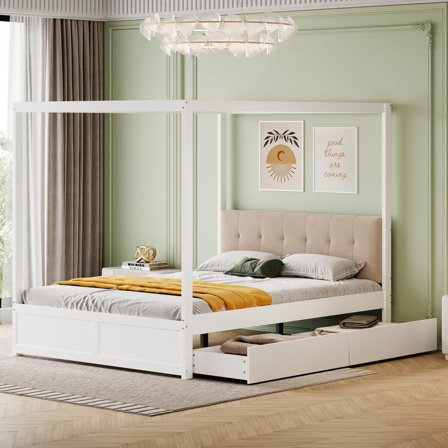 Sweiko Hemelbed 140*200 cm 2 laden Gestoffeerd hoofdbord Wit