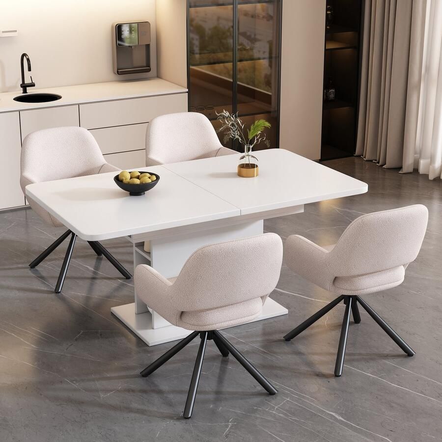 Sweiko Het restaurant is uitgerust met een eettafel en 4-stoelen Sherpa stof eetkamerstoelen vier metalen poten fauteuils uitschuifbare eettafel met opbergruimte rechthoekige eettafel Wit