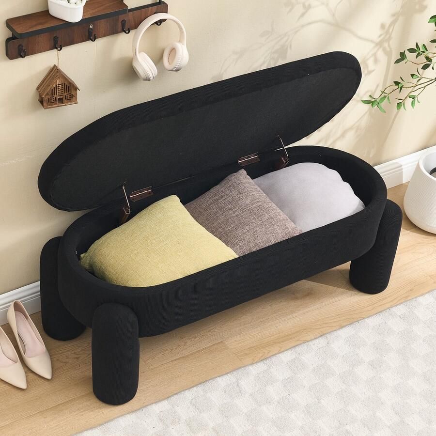 Sweiko Hocker Opbergruimte Velvet Massief houten frame Antislip Zwart