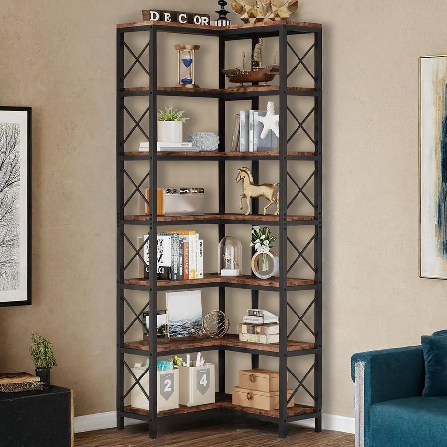 Sweiko Hoek Boekenplank Hoge Boekenplank Roestbruin Bureau Opslagplank (7 planken) industriële grote hoekplank vloer tot plafond hoekplank woonkamer en huis met metalen frame