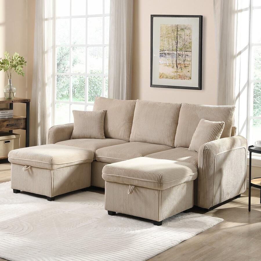 Sweiko Hoekbank 3 zits bank Met laden Opberg hocker Slaapfunctie Corduroy stof Beige