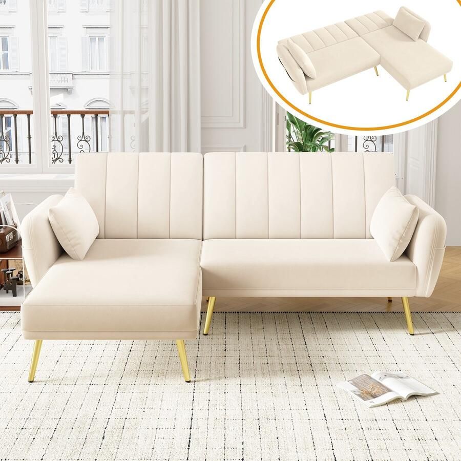 Sweiko Hoekbank Opvouwbare L-vormige bank Slaapfunctie 2 kussens Beige