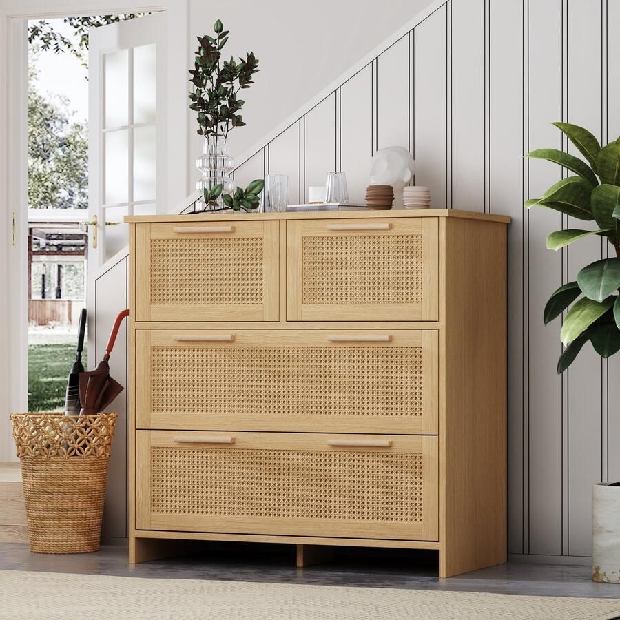 Sweiko Hoge kwaliteit 4-lade rotan Ladekast met massief houten handvatten geschikt voor slaapkamer woonkamer eetkamer hal B80 H80 T38 cm - Foto 2