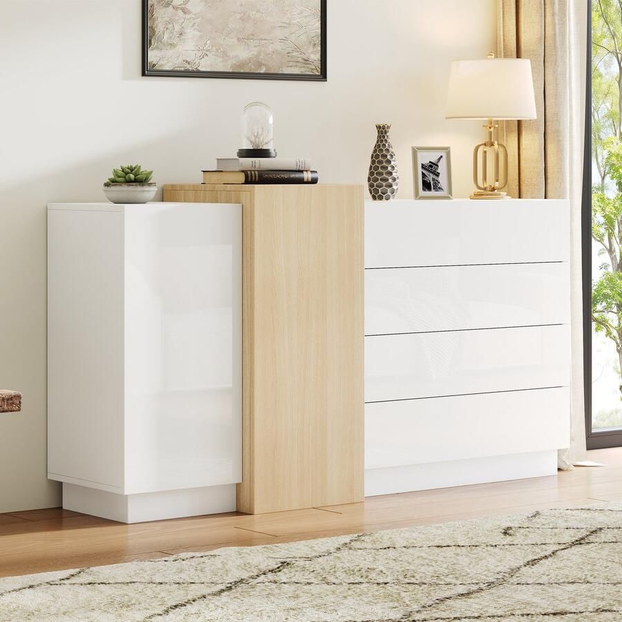 Sweiko Hoogglans Dressoir met Opbergruimte Houten opslagkast Wit+Natuurlijke