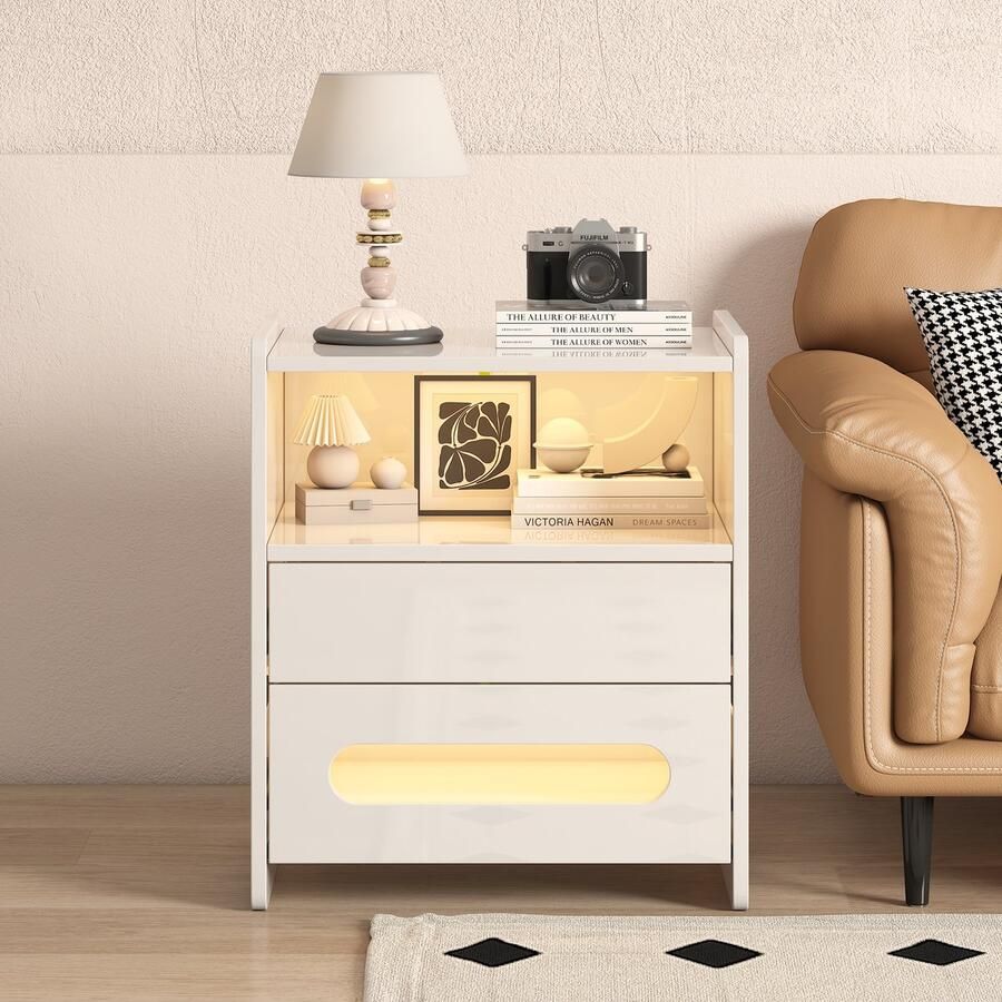 Sweiko Hoogglans nachtkastje met LED-verlichting Moderne slaapbank met 2-laden slaapkamer bijzettafel slaapkamer kast lade kast bijzettafel Wit