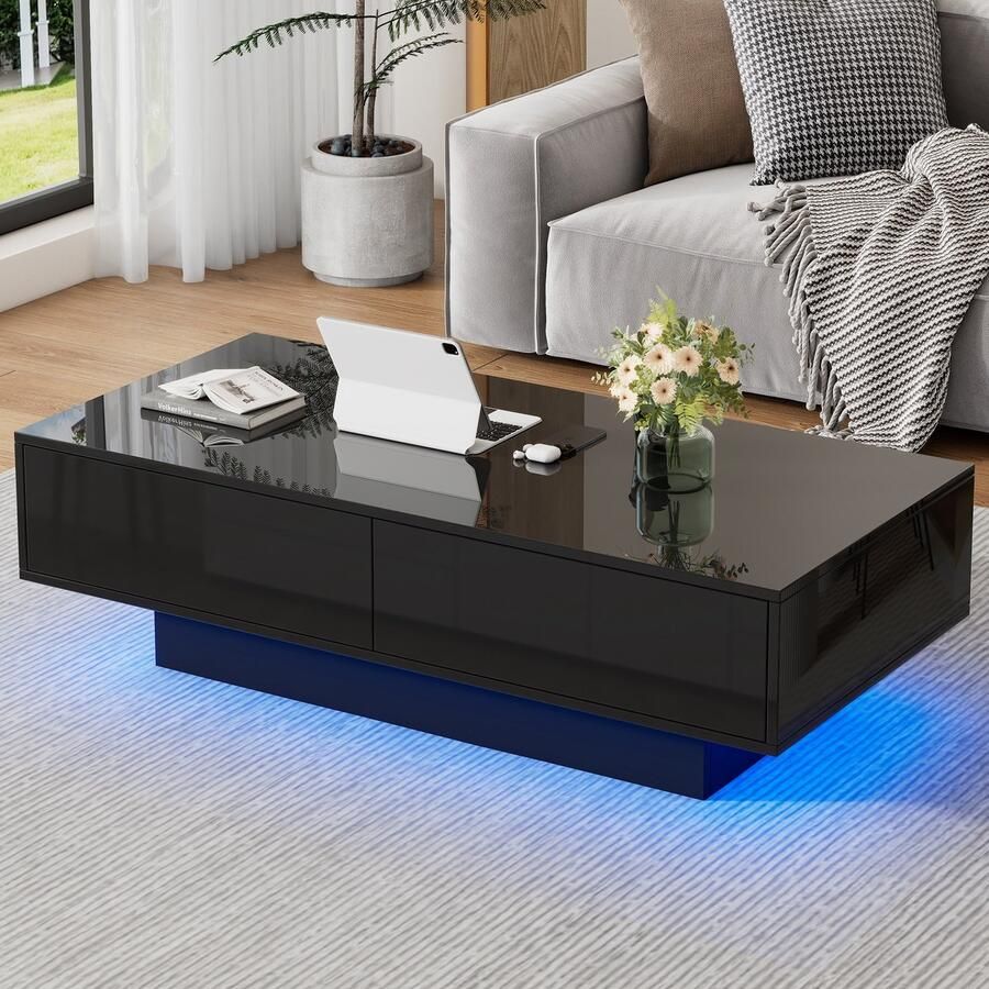 Sweiko Hoogglans salontafel 115 x 55 x 34 cm met 2 laden LED-verlichting en 30 kg draagvermogen zwart