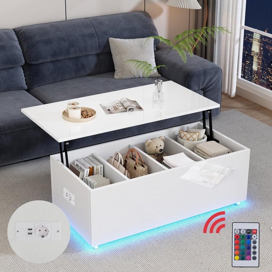 Sweiko Hoogglans Salontafel LED-verlichting Verborgen opbergruimte Hydraulisch hefbaar tafelblad Wit