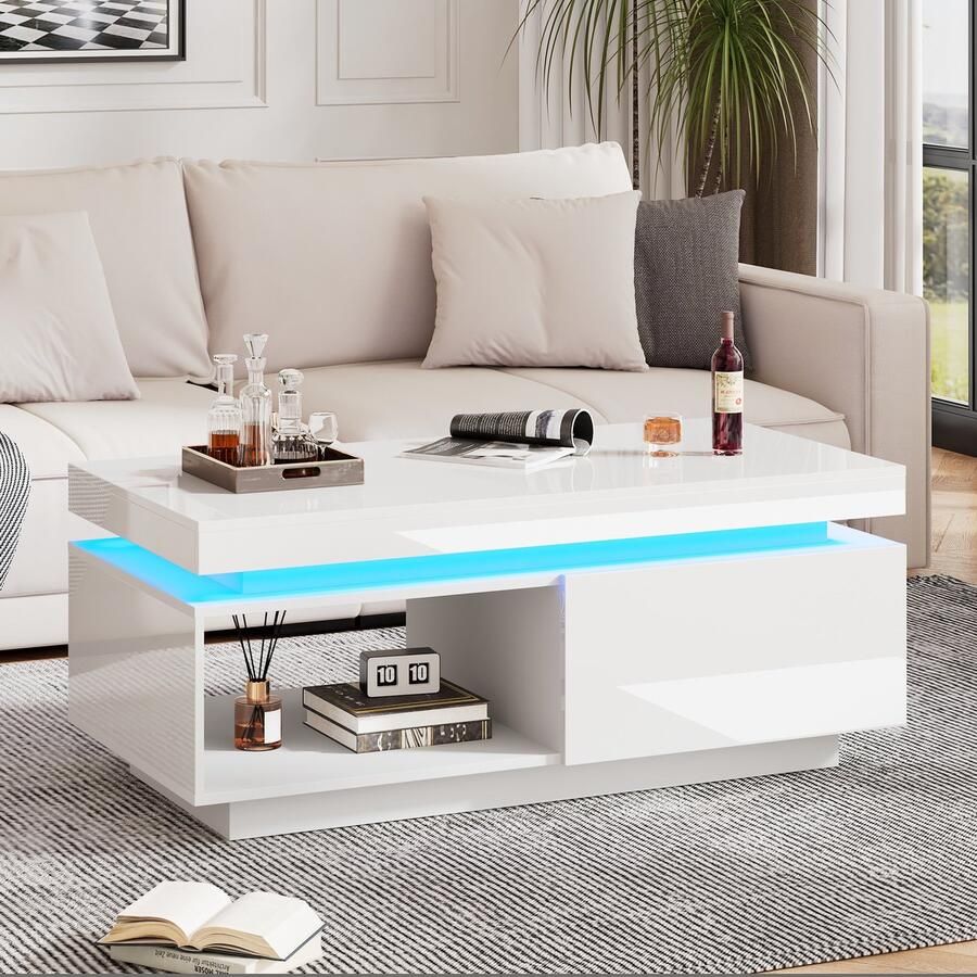 Sweiko Hoogglans salontafel met LED-verlichting bijzettafel met laden 100x50x40.3 cm 50 kg draagvermogen wit