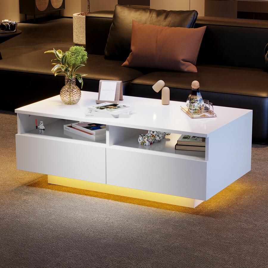 Sweiko Hoogglans salontafel met LED-verlichting en 2 laden sofatafel voor woonkamer en slaapkamer wit
