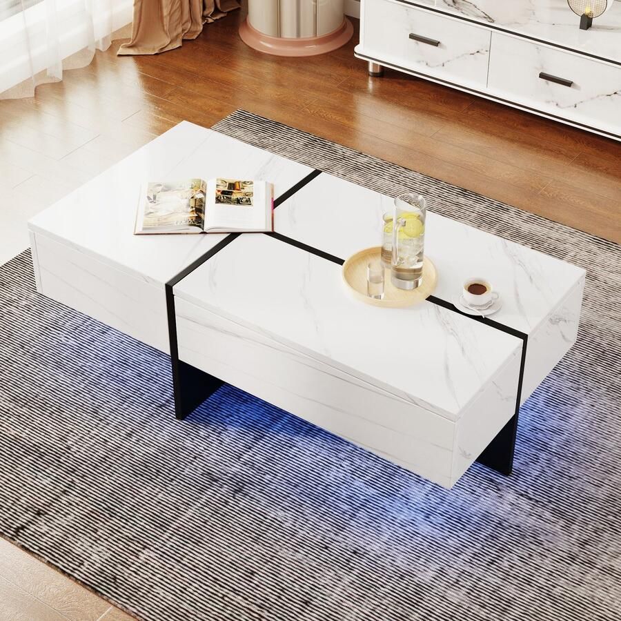 Sweiko Hoogglans Salontafel wit-zwart kleurenblokstructuur woonkamer meubilair met 3 lades 100*50*34.5cm met App gecontroleerd LED verlichtingssysteem