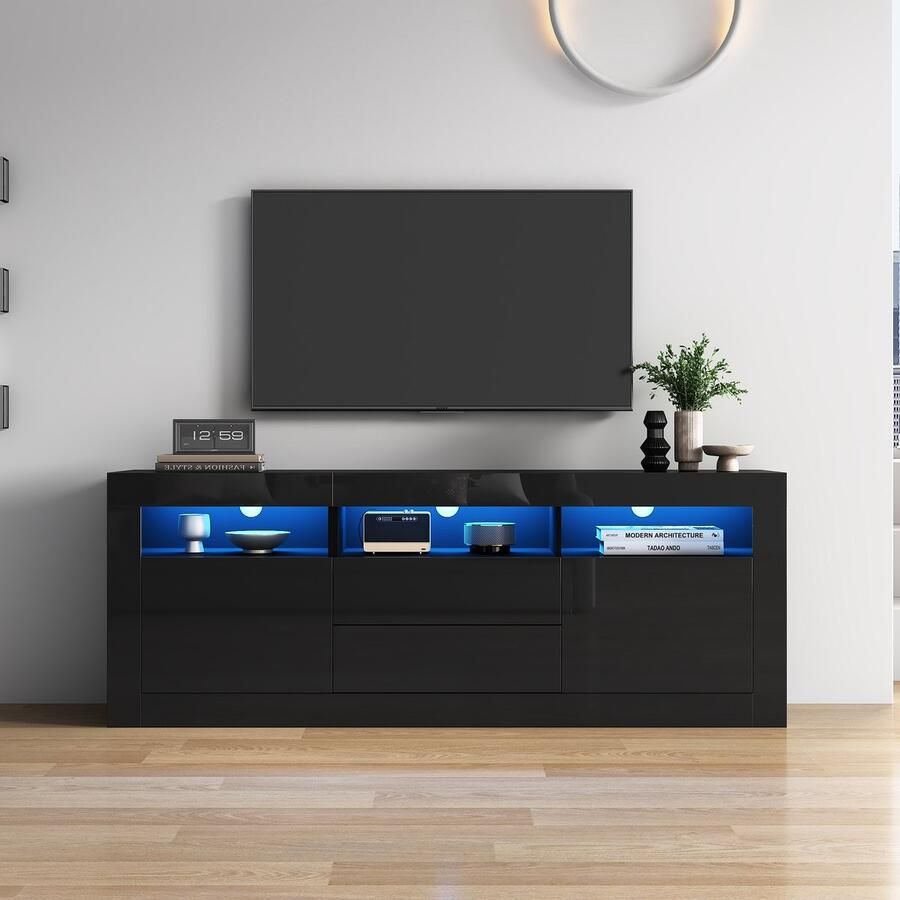 Sweiko Hoogglans TV kast 160x35x60cm met LED Verlichting 3 Open Compartimenten 2 deuren 2 lades intelligente toepassingscontrole geschikt voor 70 inch TV's Zwart
