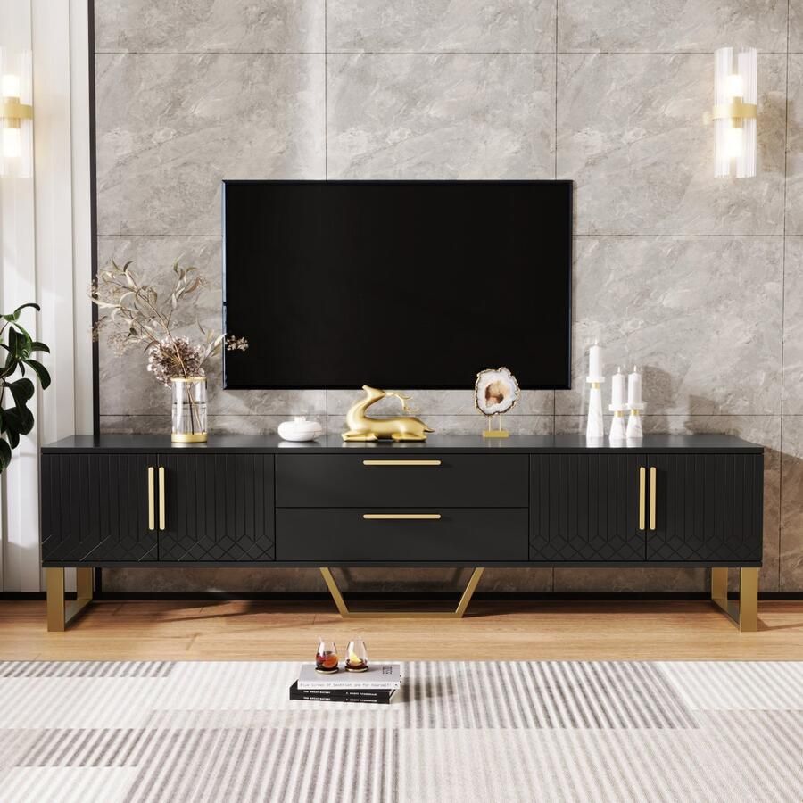 Sweiko Hoogglans TV kast gouden handvatten en voeten deur met gegraveerde textuur opbergoplossing voor de woonkamer perfecte combinatie van elegantie luxe en functionaliteit