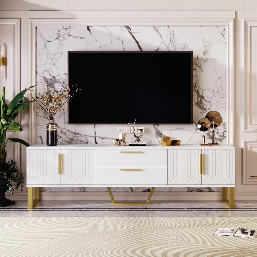 Sweiko Hoogglans TV kast: vloer gouden handgrepen en voeten deur met gegraveerde textuur opbergoplossing voor de woonkamer perfecte combinatie van elegantie luxe en functionaliteit