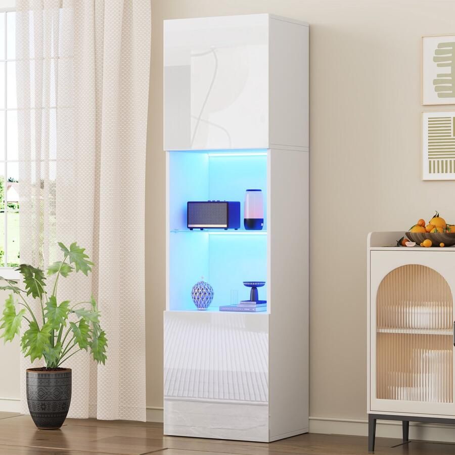 Sweiko Hoogglans Vitrinekast LED verlichting Glazen legplanken Hoge kast Wit