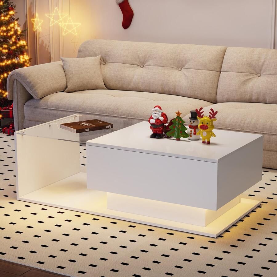 Sweiko Hoogglans Witte Salontafel met LED Verlichting 100x50x32cm met glazen aanrecht en laden woonkamer tafel krasbestendig met 1-lade moderne stijl
