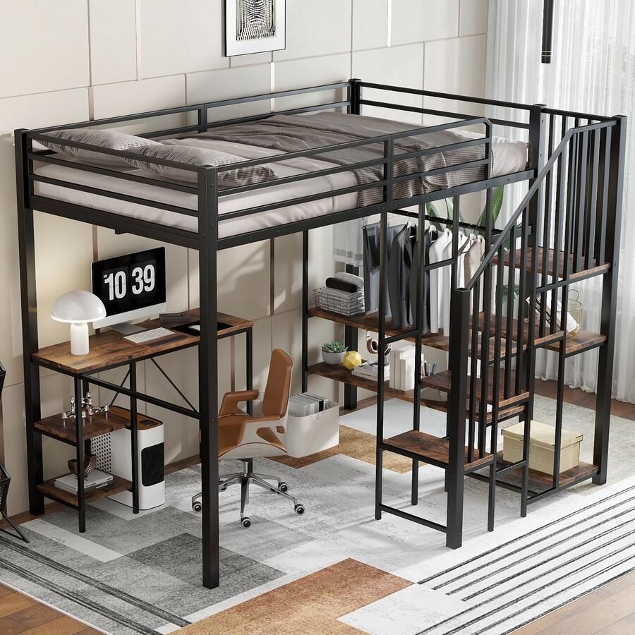 Sweiko Hoogslaper 120x200 cm Opbergrek Bureau Open kledingkast IJzer + MDF Zwart + Bruin