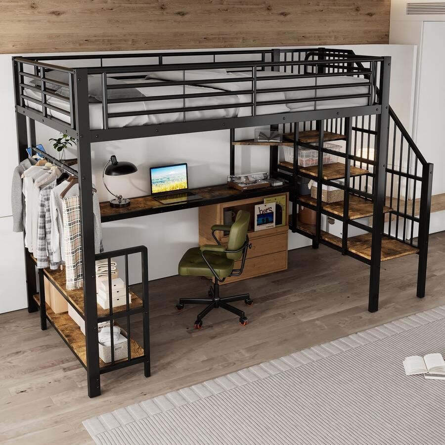 Sweiko Hoogslaper 120x200cm Met bureau Oplaadpoorten Opbergplanken IJzer + MDF Zwart + Bruin