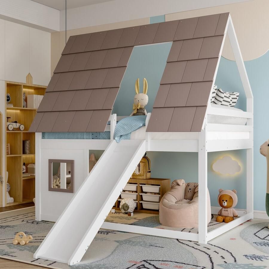 Merax 140 x 200 cm Chalet stapelbed met dak ladder en glijbaan witbruin zonder matras