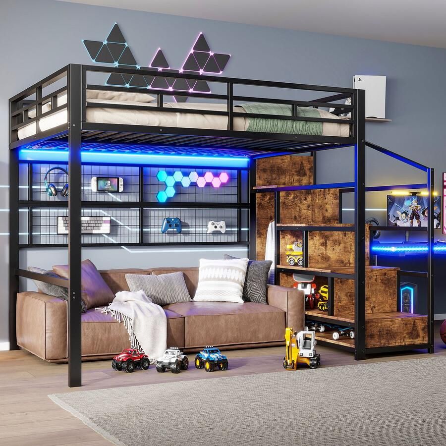 Sweiko Hoogslaper 140 x 200 cm IJzeren bedframe Kledingkast LED-verlichting Zwart (Zonder bank)