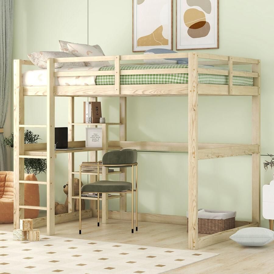 Sweiko Kinderbed Hoogslaper Bedframe met Opbergruimte Volledig gemaakt van grenen met 4 opbergvakken en bureau Natuurlijk 140 X 200 cm(Geen stoelen) - Foto 2