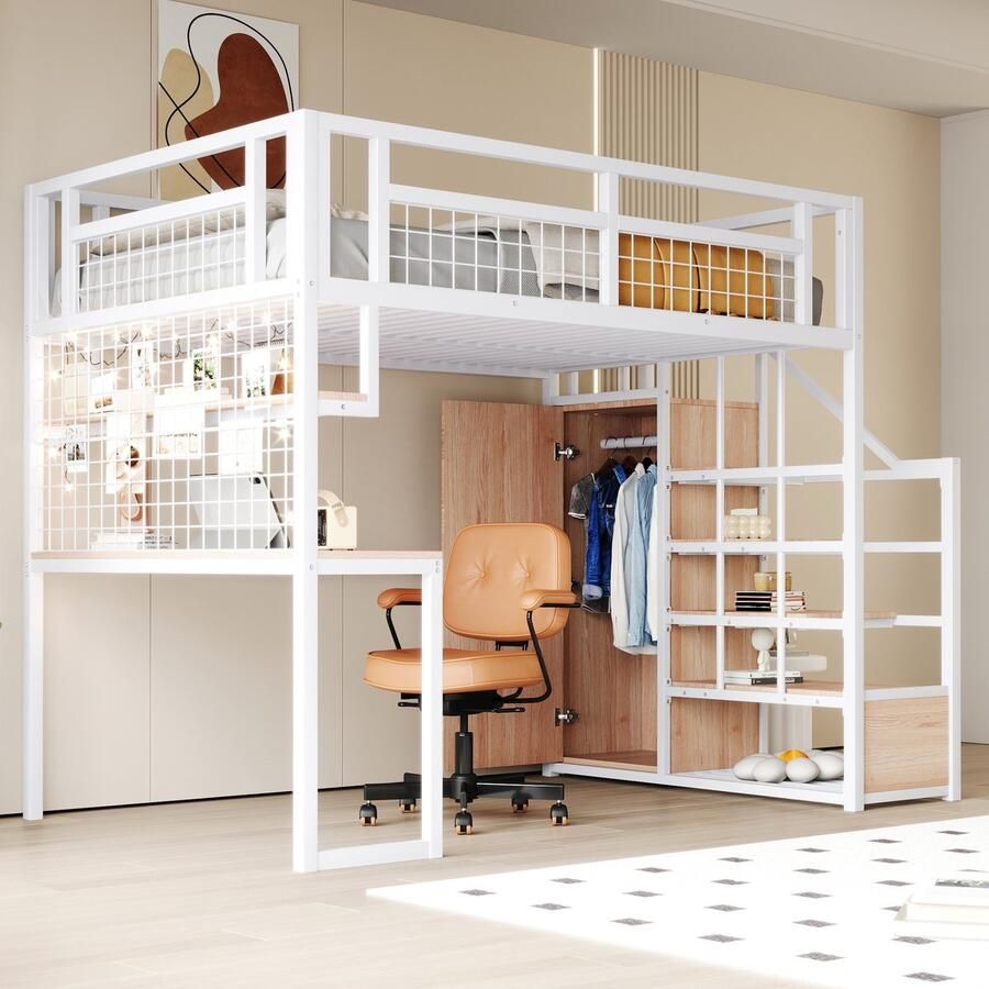 Sweiko Hoogslaper 140 x 200 cm met Kledingkast Opbergplanken Bureau Metalen frame Wit