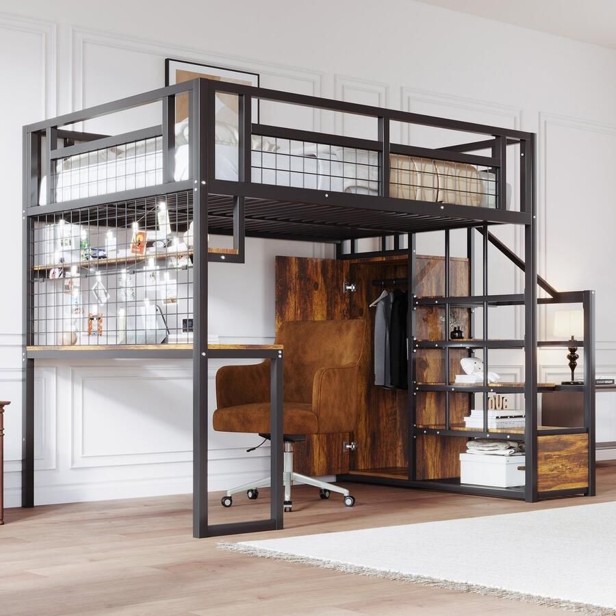 Sweiko Hoogslaper 140 x 200 cm met Kledingkast Opbergplanken Bureau Metalen frame Zwart