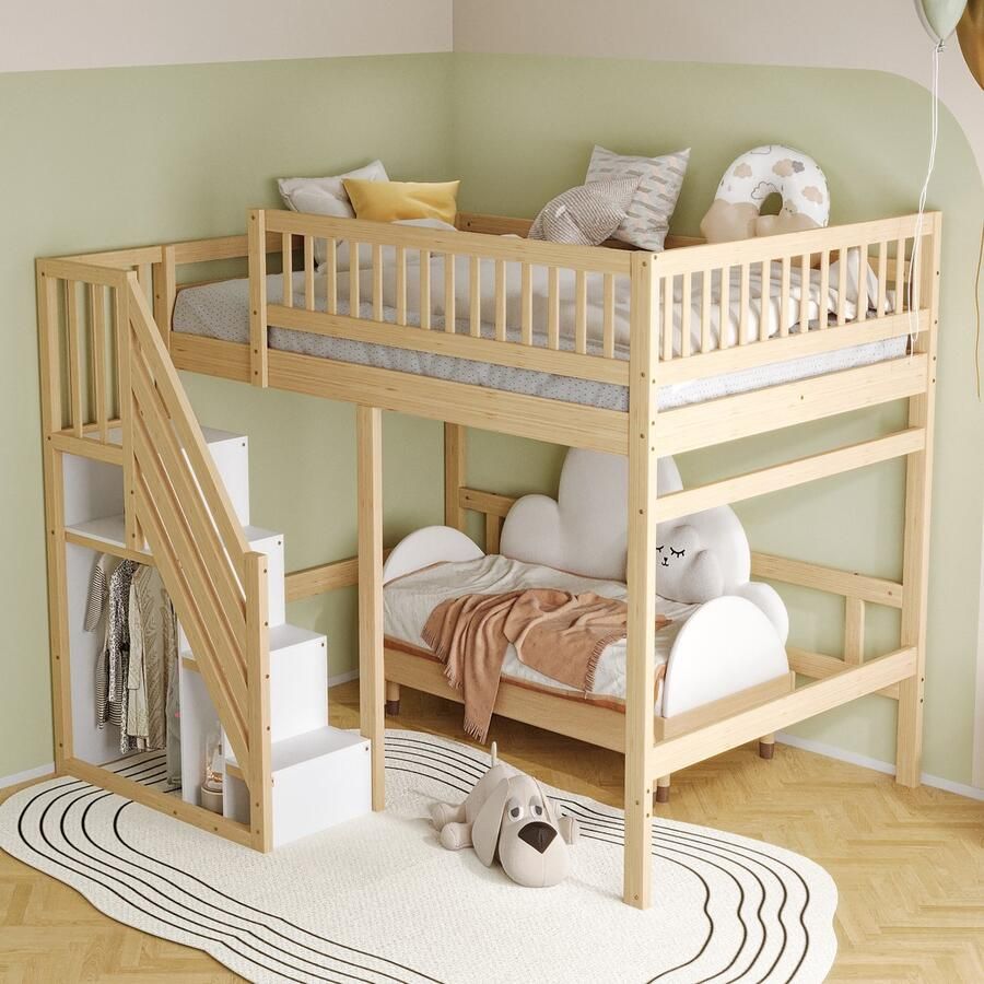 Sweiko Hoogslaper 140 x 200 cm Met opbergruimte Houten kinderbed Natuurlijke + Wit (Zonder bank)