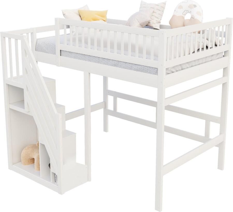 Sweiko Hoogslaper 140 x 200 cm Met opbergruimte Houten kinderbed Wit