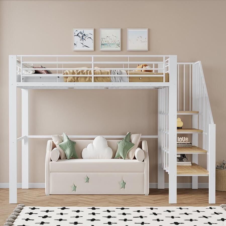 Sweiko Hoogslaper 140 x 200 cm Metalen bed Opbergtrap Wit (zonder bank)