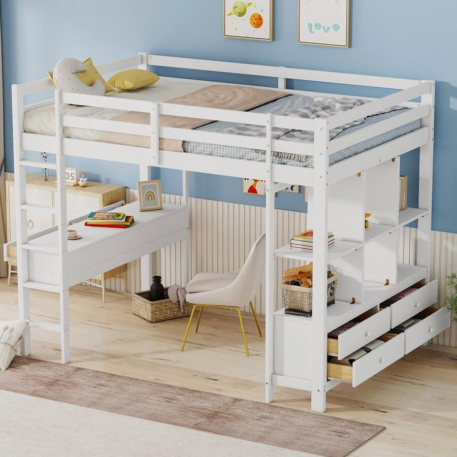 Sweiko Kinderbed Hoogslaper Kinderloft bed met Bedbureau met opbergrek en lades 140 x 200cm Wit (Zonder stoelen)