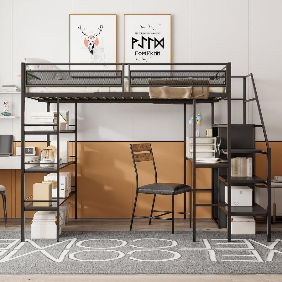 Sweiko Hoogslaper 140*200 cm met drie opbergplanken bureau kleerkast bed met ijzeren frame eenpersoonsbed zwart