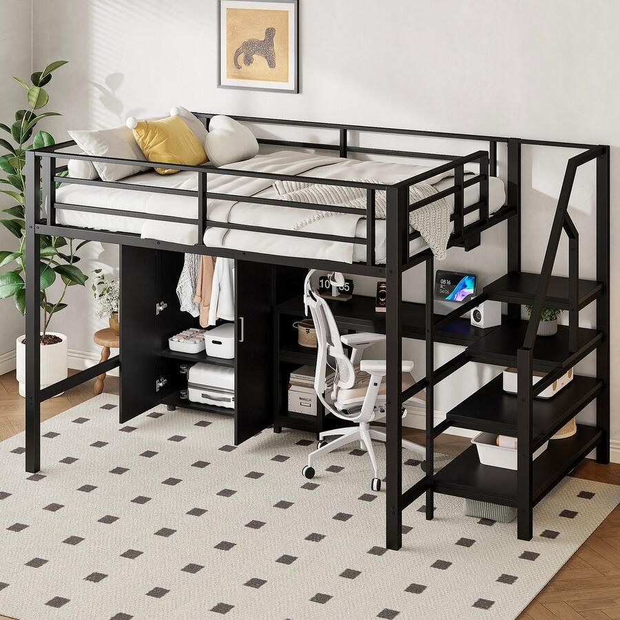 Sweiko Hoogslaper 140*200 cm met kleerkast + legplanken + opbergladder + bureau zonder matras Zwart