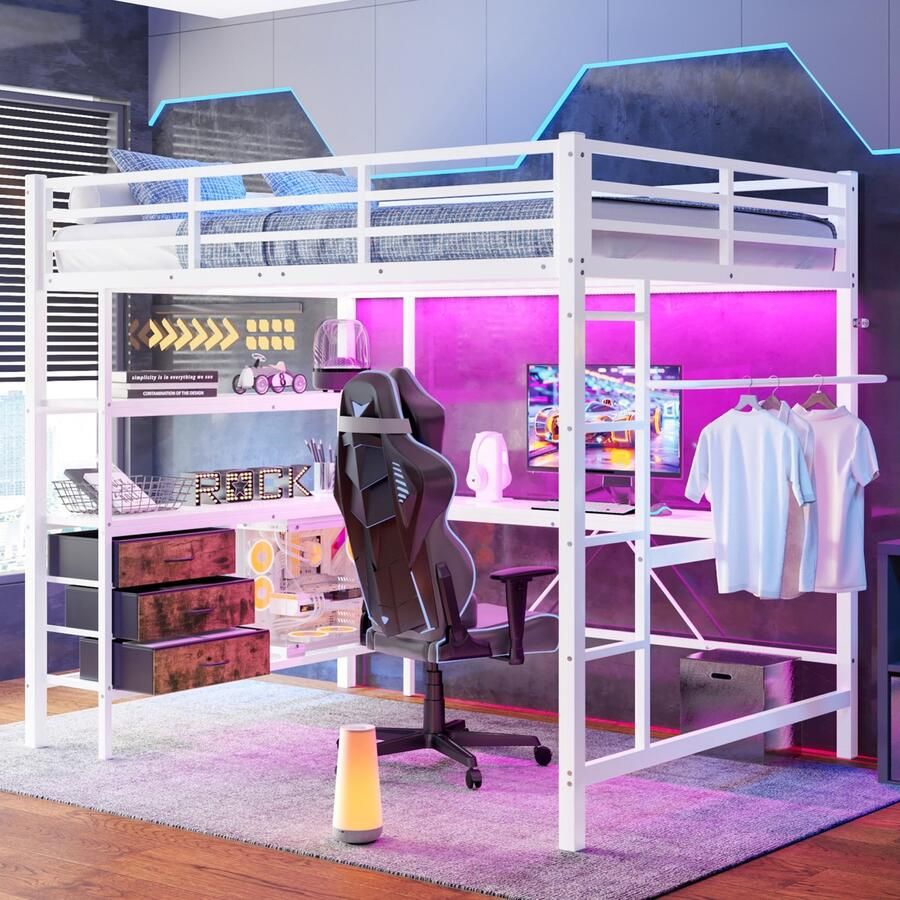 Sweiko Hoogslaper 140*200 cm met LED verlichting + Bureau + USB aansluiting 3 laden legplanken Zonder matras Wit