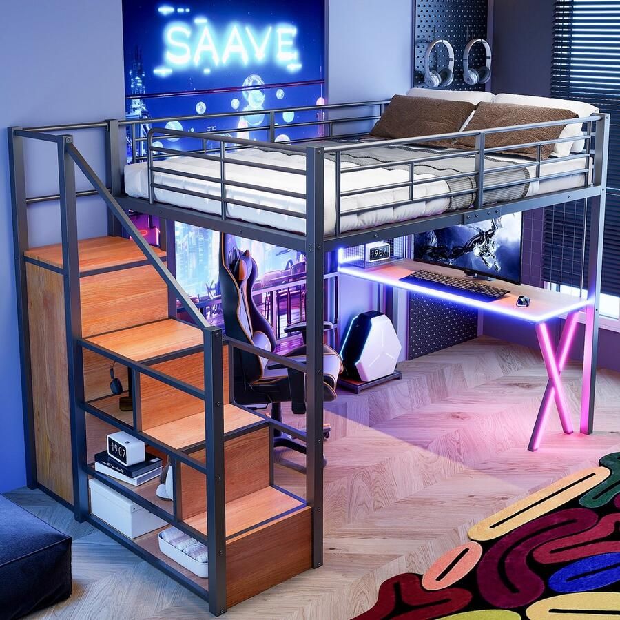 Sweiko Hoogslaper 140*200 cm met LED verlichting Opbergladder + bureau + kleerkast + legplanken Zonder matras Zwart