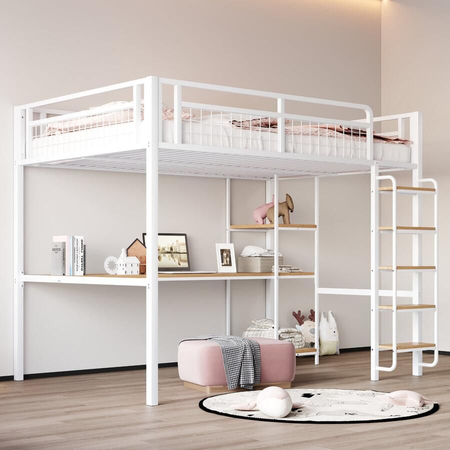 Sweiko Hoogslaper 140*200 cm met tafel + plank Metalen bed Veiligheidshek Wit