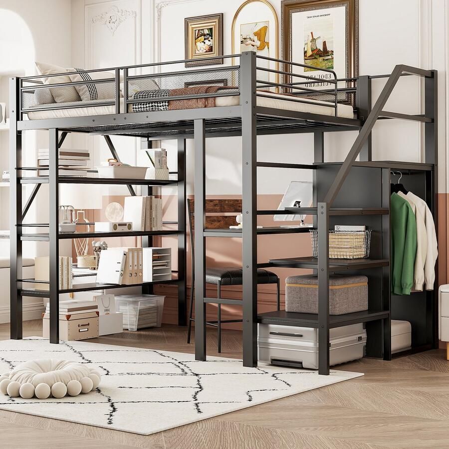 Sweiko Hoogslaper 140*200cm 3 opbergplanken Bureau + kleerkast IJzeren bed Zwart